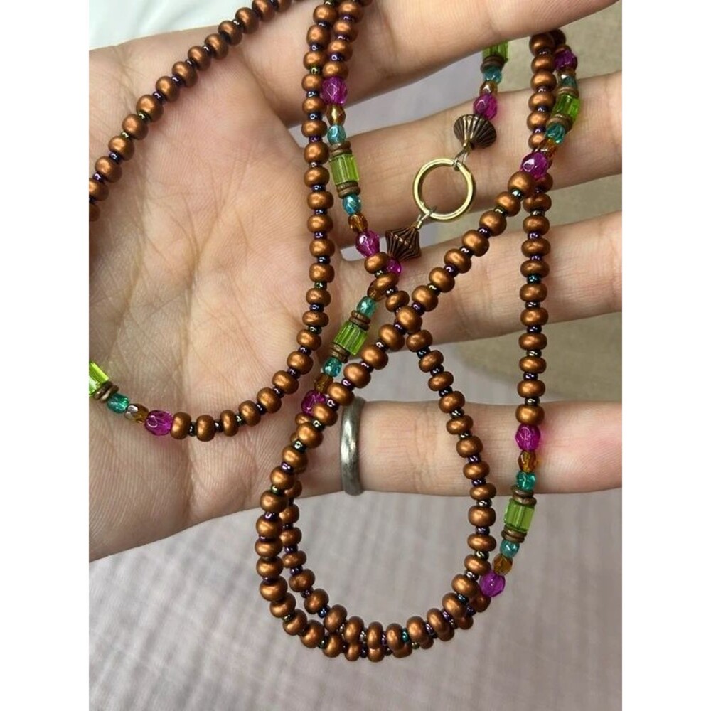 Vintage Bronze Metallic Seed Bead Long Strand Necklace
